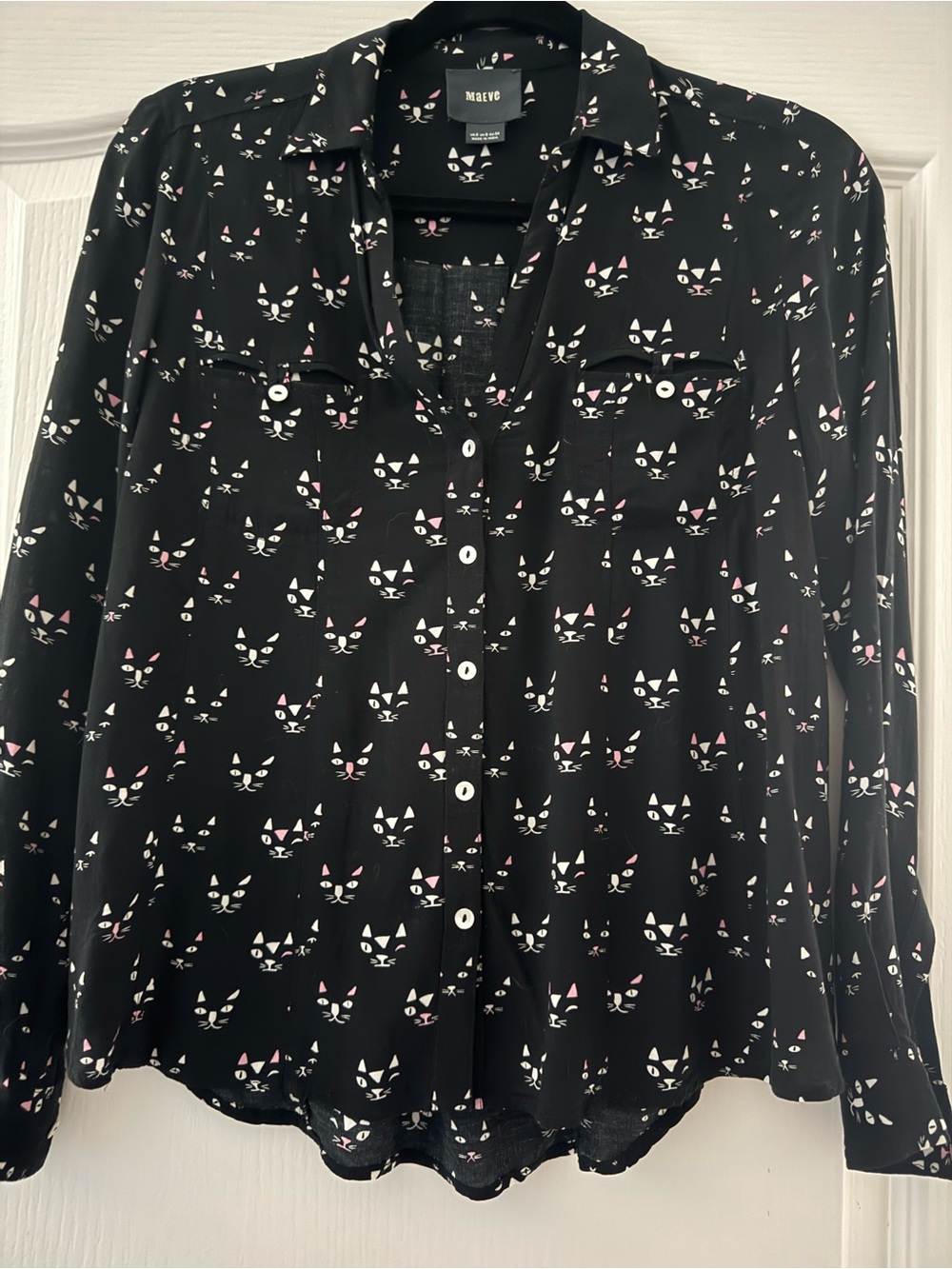 Maeve Black Cat Face Button-Front Shirt